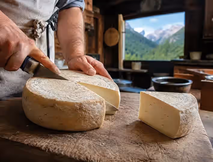 Produttore Casaro mentre taglia una forma di formaggio