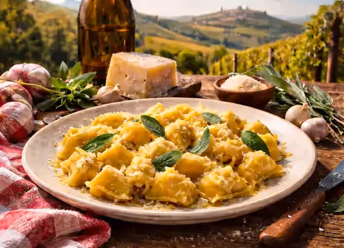 Piatto di agnolotti del plin cucinati con burro, salvia e parmiggiano serviti in un ristorante piemontese