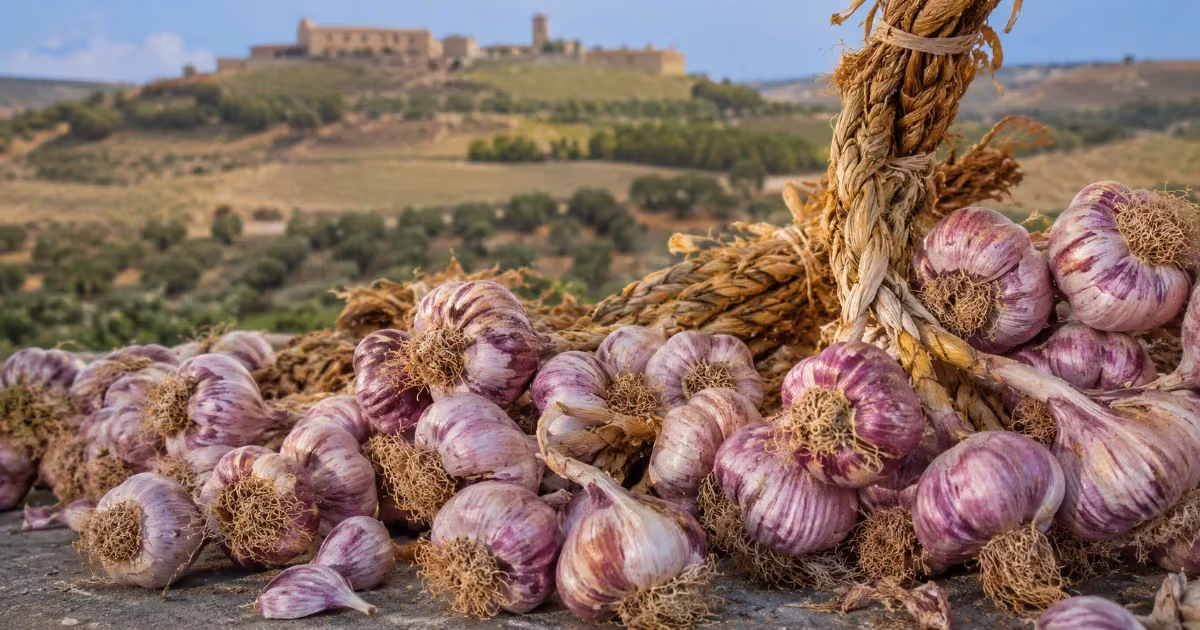 Teste di aglio rosso di Nubia viola intrecciate in trecce rustiche con paesaggio collinare sullo sfondo