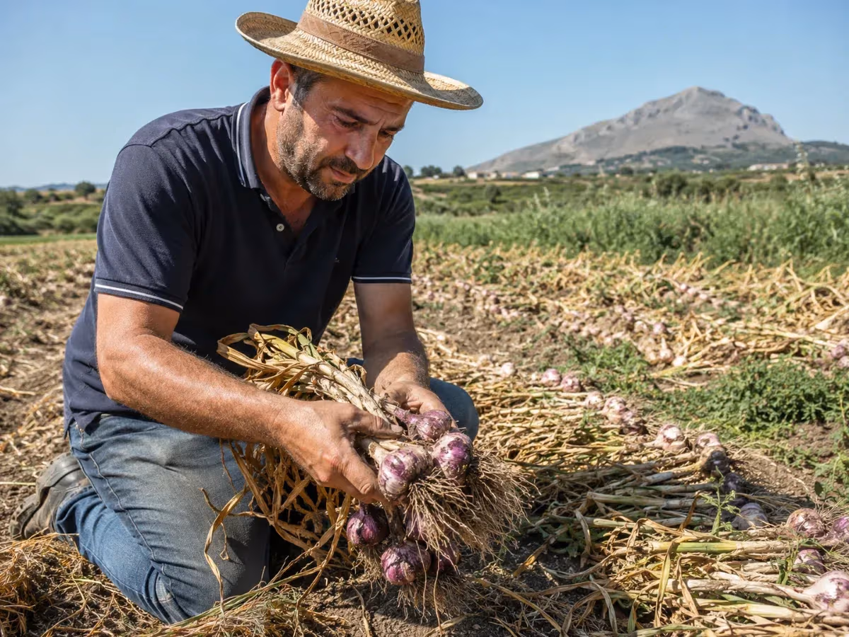 Contadino con cappello di paglia raccoglie aglio rosso di Nubia in campo soleggiato