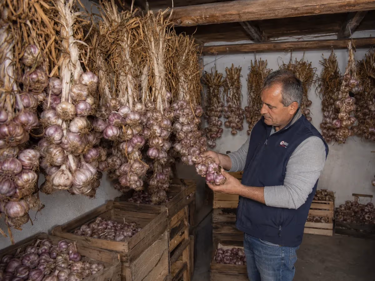 Produttore controlla mazzi di aglio rosso viola appesi ad essiccare in magazzino rustico