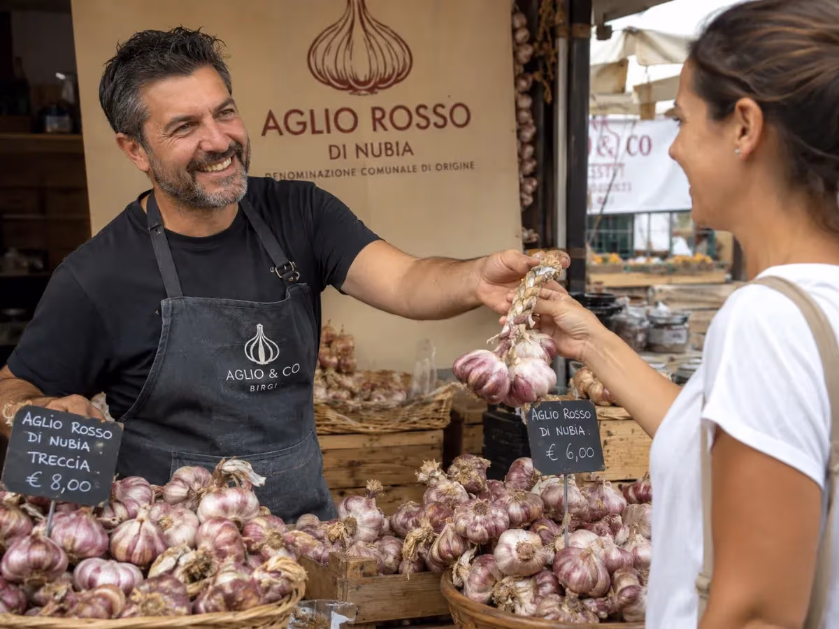 Venditore sorridente mostra treccia di aglio rosso di Nubia a cliente al mercato