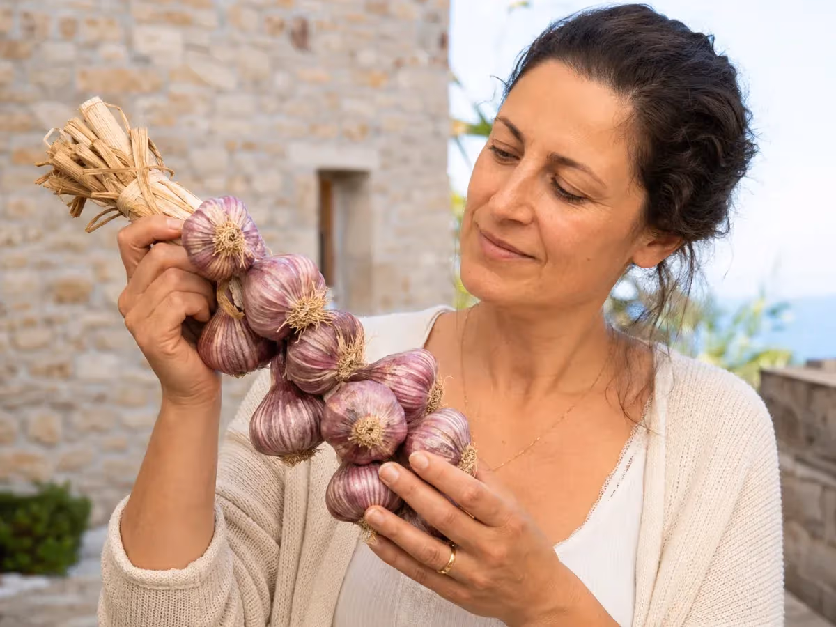 Donna osserva mazzo di teste di aglio rosso striato davanti a muro in pietra