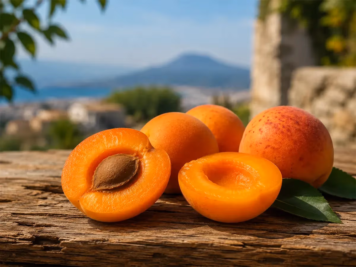 Albicocche vesuviane tagliate a metà su legno rustico rivelano polpa arancione intensa