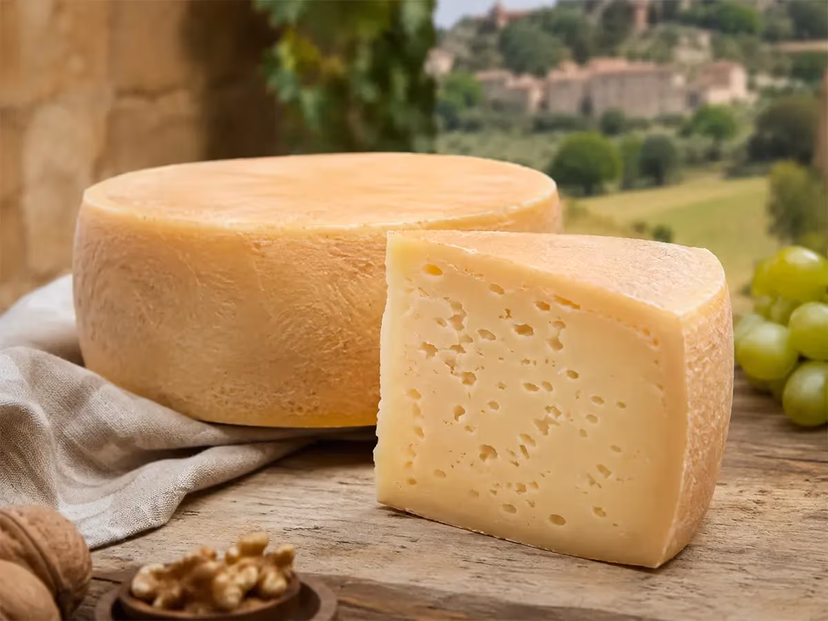 Forma intera di Asiago DOP con spicchio tagliato affiancato da uva verde e noci su tavolo rurale