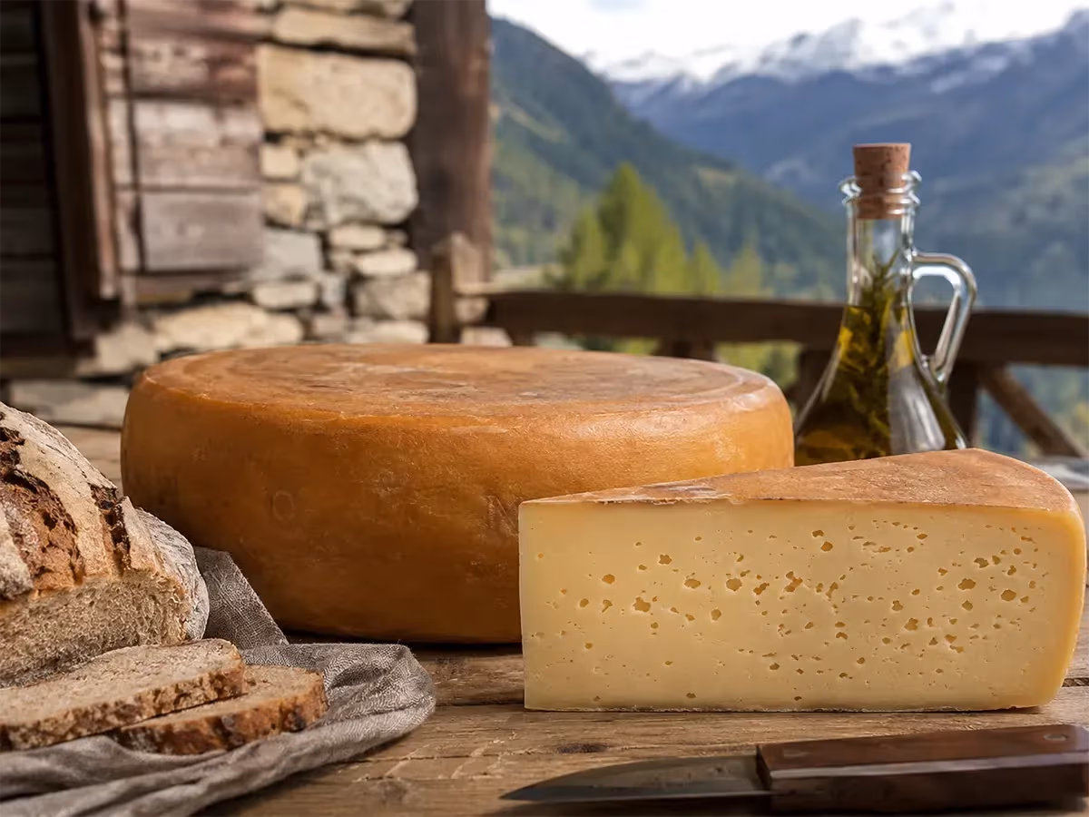Forma intera e spicchio di Fontina d'Aosta con crosta ambrata su tavolo rustico alpino