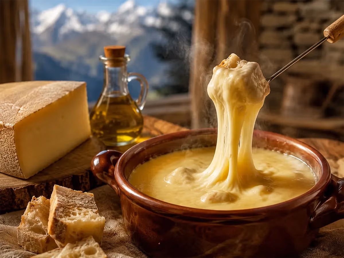 Fonduta calda filante in ciotola di terracotta con vapore e montagne innevate sullo sfondo