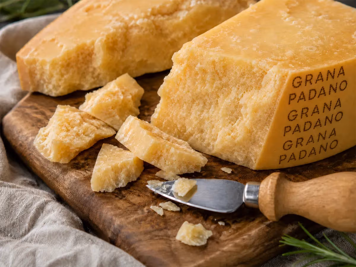 Grana Padano a scaglie su tagliere di legno con coltello da formaggio e rosmarino