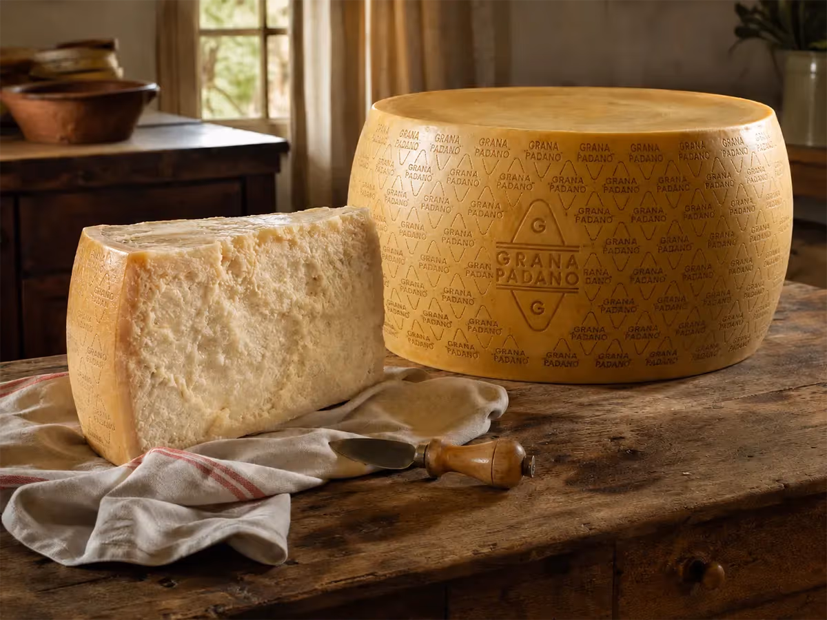Forma intera e quarto di Grana Padano su tavolo in legno antico con coltello tradizionale