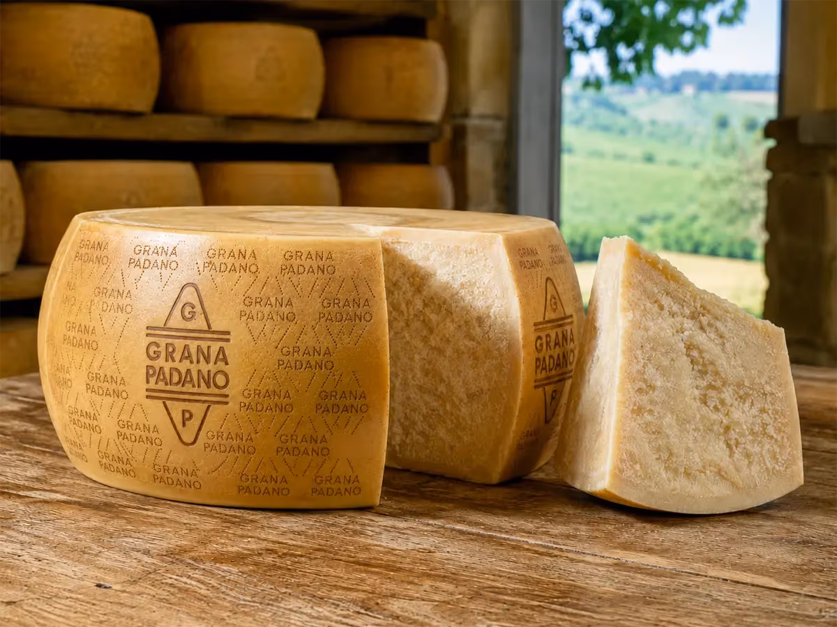 Forma integra di Grana Padano tagliata con spicchio bianco paglierino su tavolo rustico
