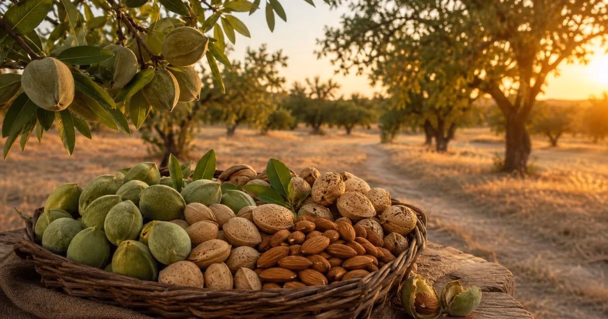 Cesto di vimini con mandorle di Toritto verdi sgusciate e tostate al tramonto tra gli alberi