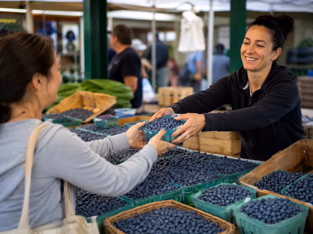 venditrice sorridente consegna vaschetta di mirtilli freschi a cliente al mercato contadino