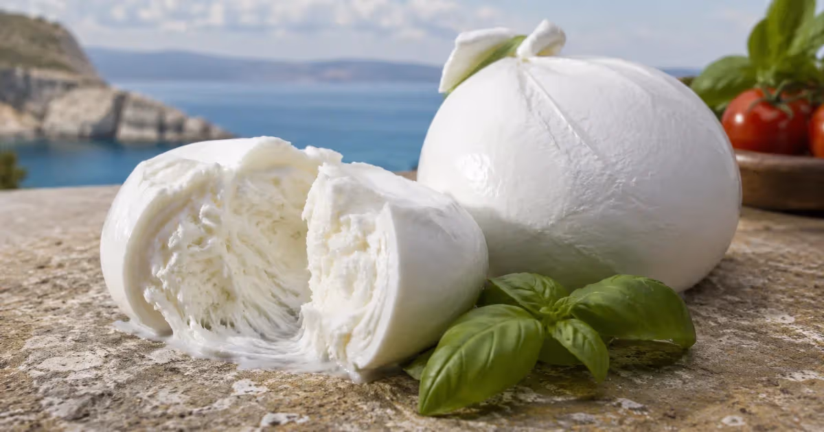 Burrata fresca spezzata a metà con cuore cremoso bianco foglie di basilico e mare sullo sfondo