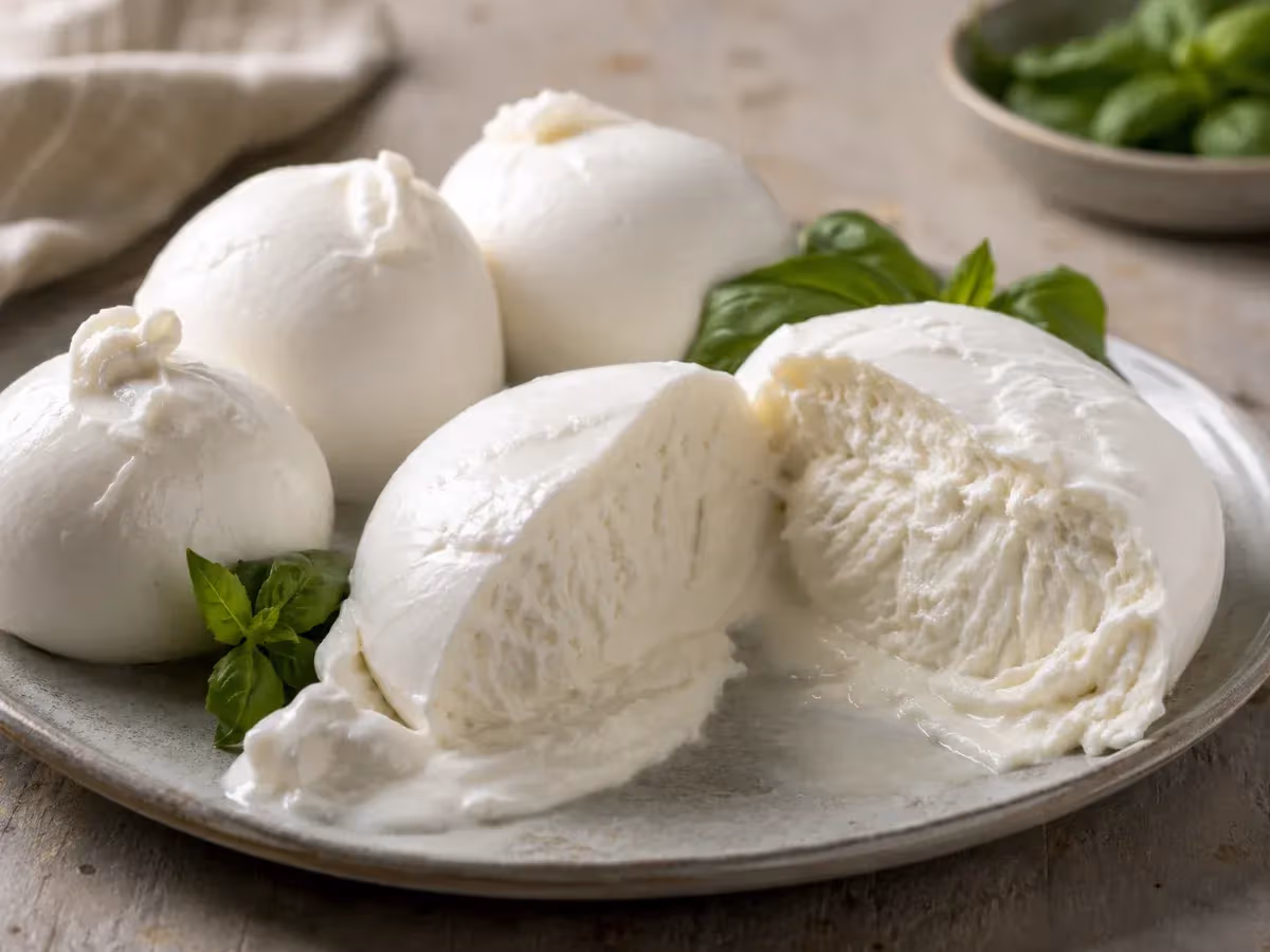 Quattro mozzarelle bianche cremose su piatto grigio con foglie di basilico fresco
