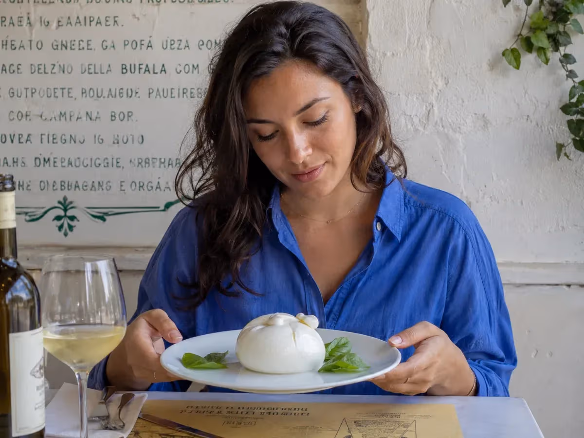 Ragazza con camicia blu osserva grande mozzarella di bufala su piatto bianco con basilico in ristorante rustico