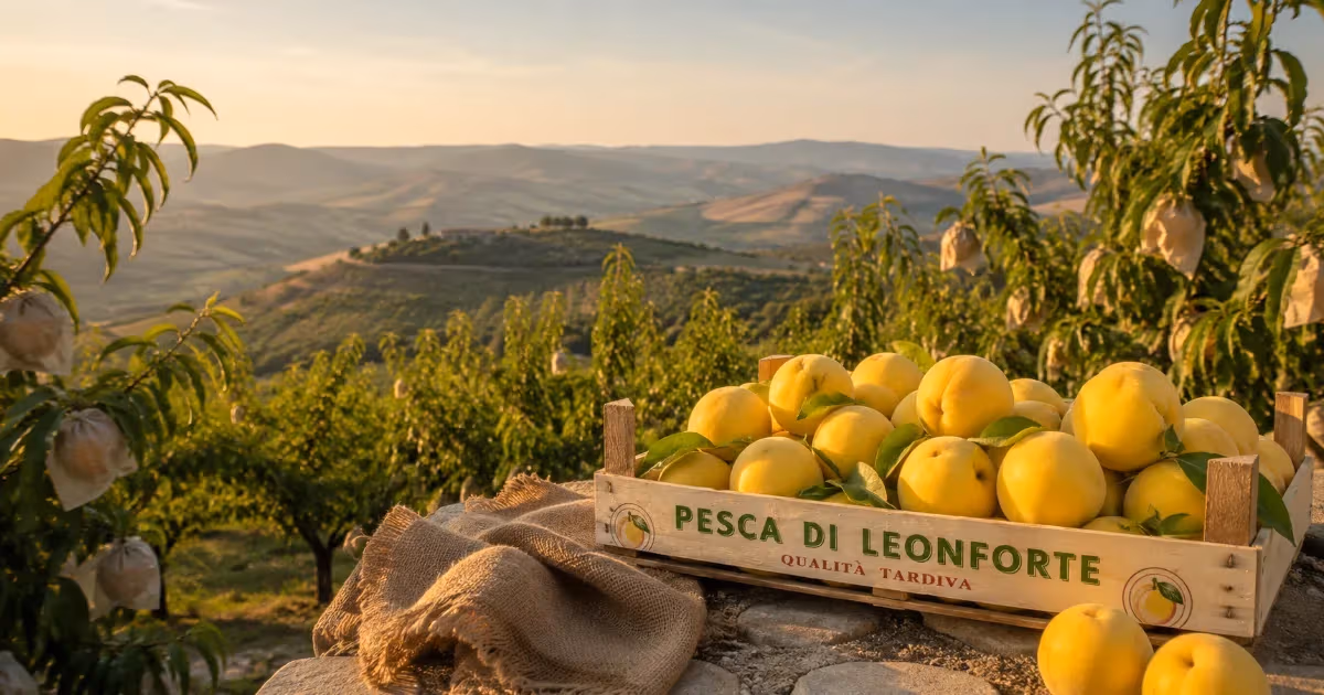 Cassetta in legno colma di pesche di Leonforte gialle tra colline siciliane al tramonto