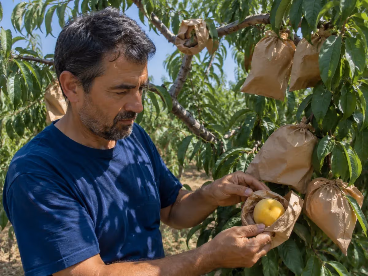 Agricoltore apre sacchetto di carta su pesco per controllare frutto giallo maturo