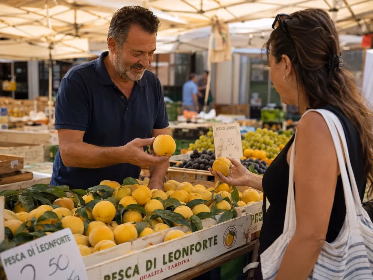 Venditore al mercato mostra pesca di Leonforte gialla a cliente tra le bancarelle
