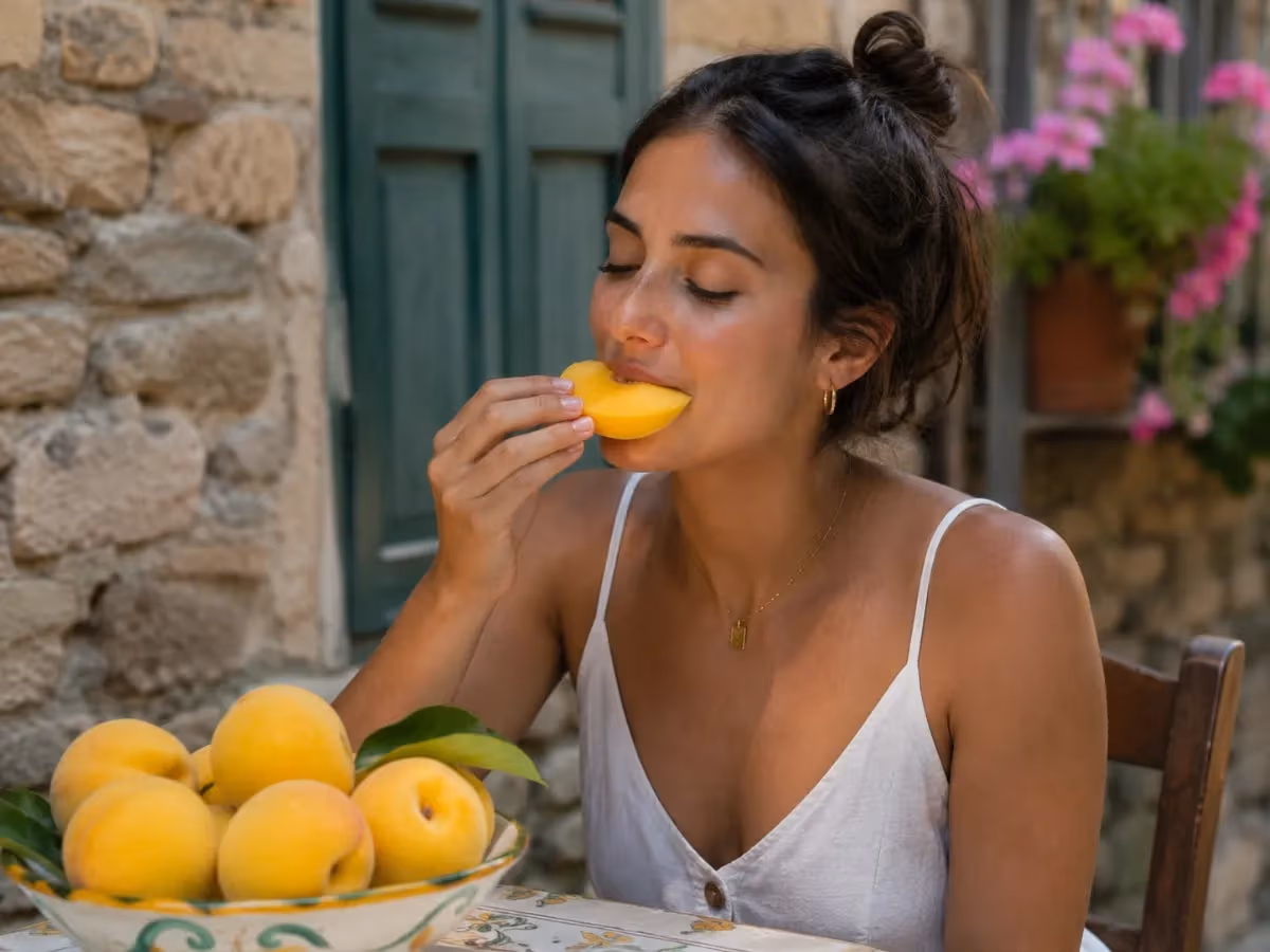Donna assaggia spicchio di pesca di Leonforte seduta in cortile rustico siciliano