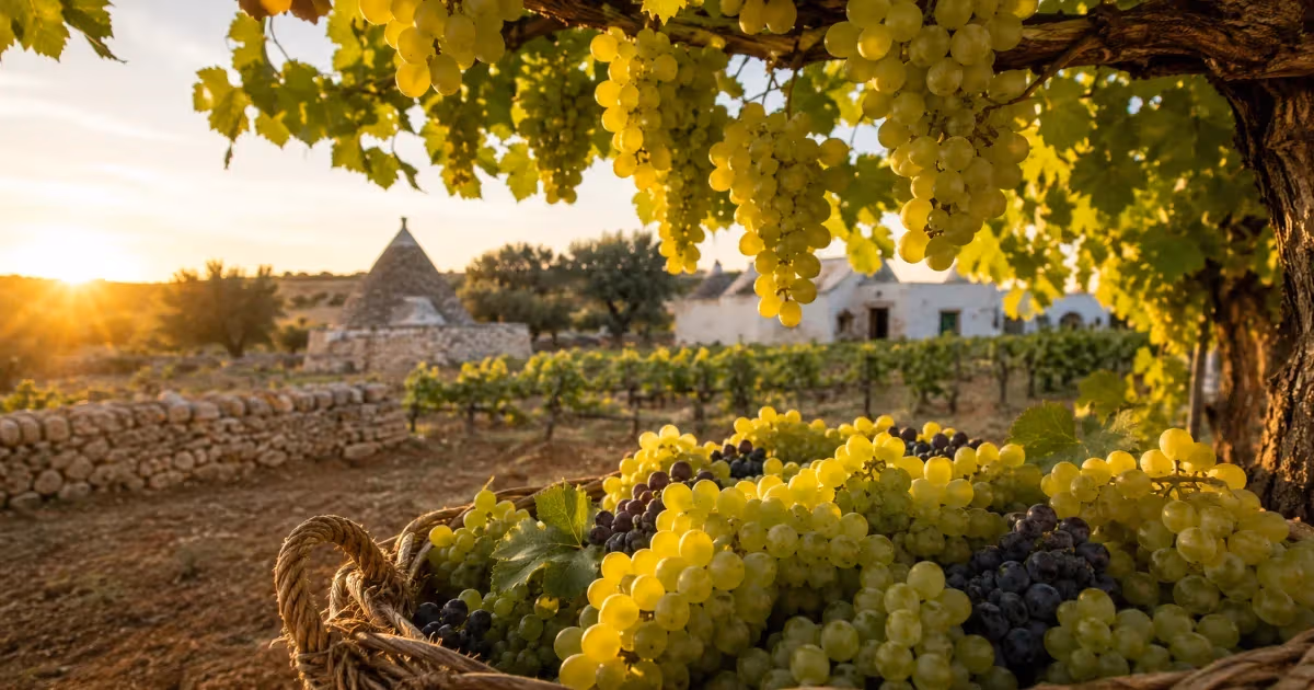Cesto di uva bianca e nera pugliese al tramonto con trulli e vigneti sullo sfondo