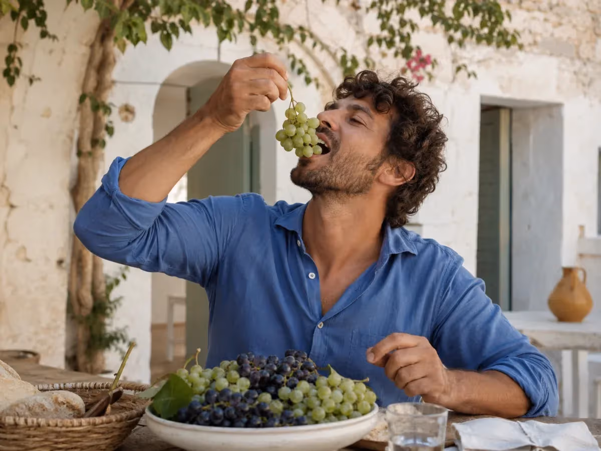 Uomo con camicia blu mangia grappolo di uva bianca in cortile rustico pugliese