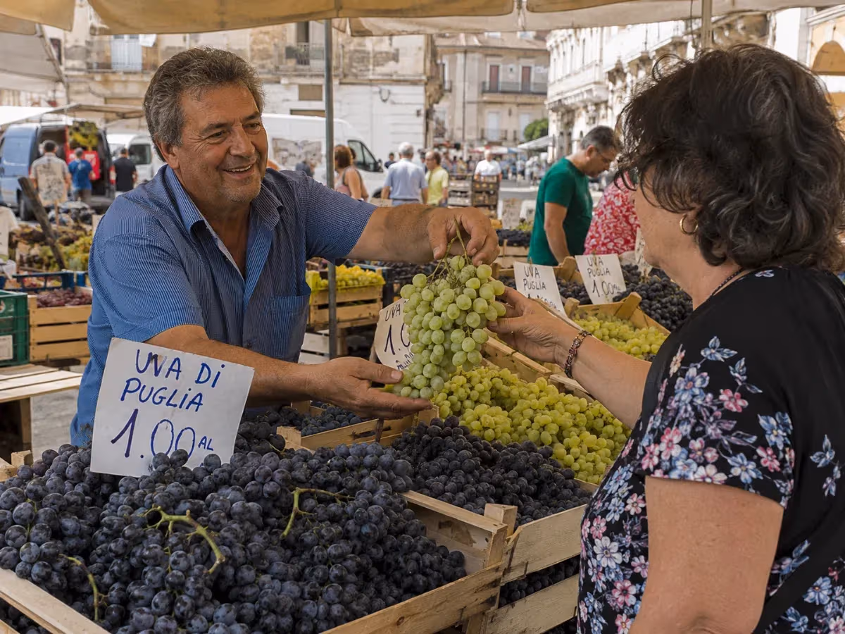 Venditore al mercato all aperto consegna uva di Puglia bianca a cliente