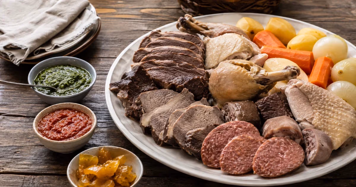 Bollito misto piemontese con carni affettate verdure lessate salse verdi e rosse su vassoio bianco