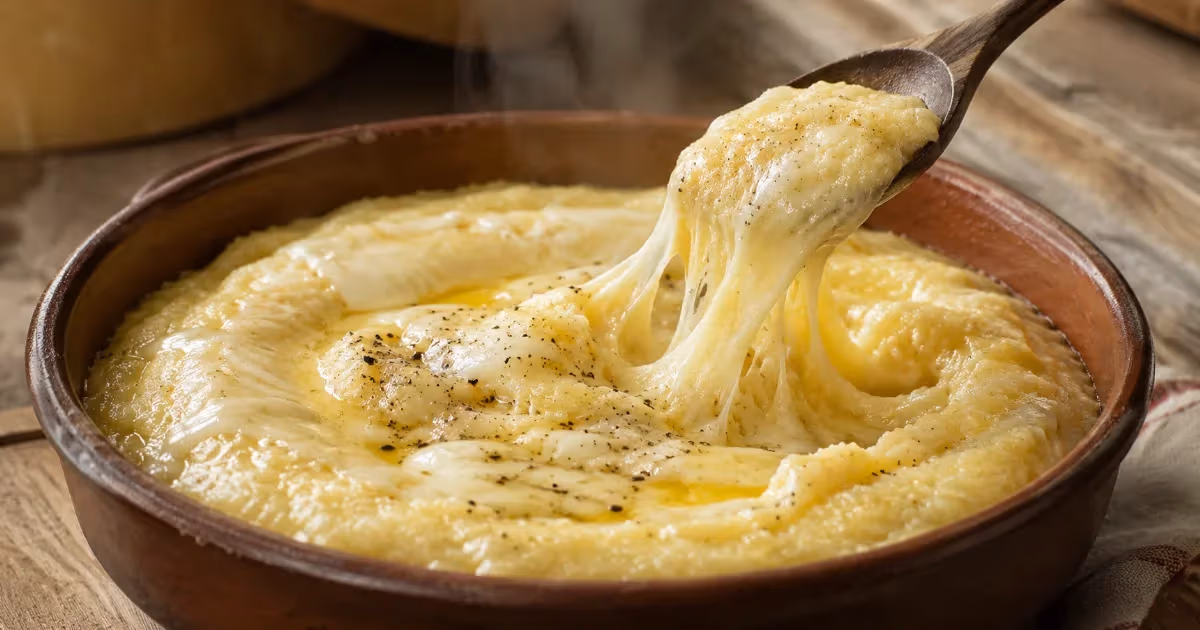 Polenta concia fumante in tegame rustico con fili di formaggio filante sollevati da cucchiaio di legno