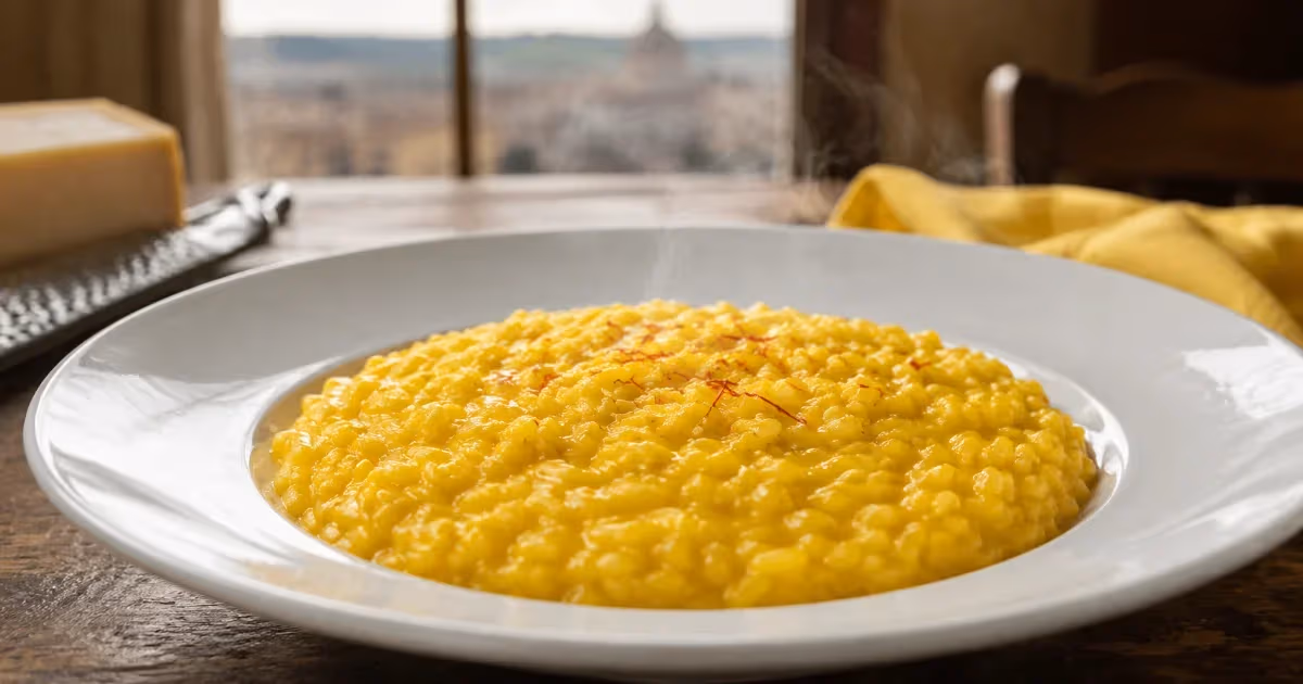 Risotto alla milanese cremoso color oro con pistilli di zafferano su piatto bianco fumante