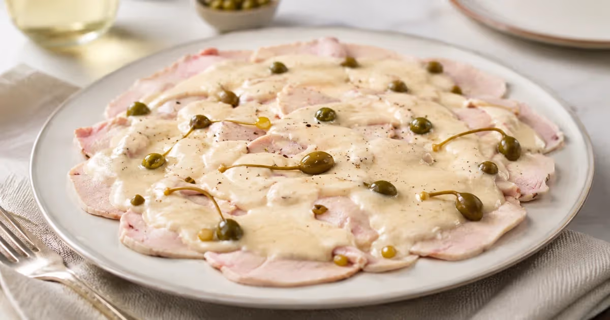 Vitello tonnato con fettine rosa di vitello coperte da salsa tonnata cremosa e capperi verdi su piatto bianco