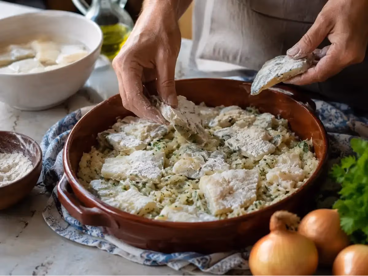 Mani che adagiano pezzi di baccalà infarinato in teglia di terracotta con erbe aromatiche