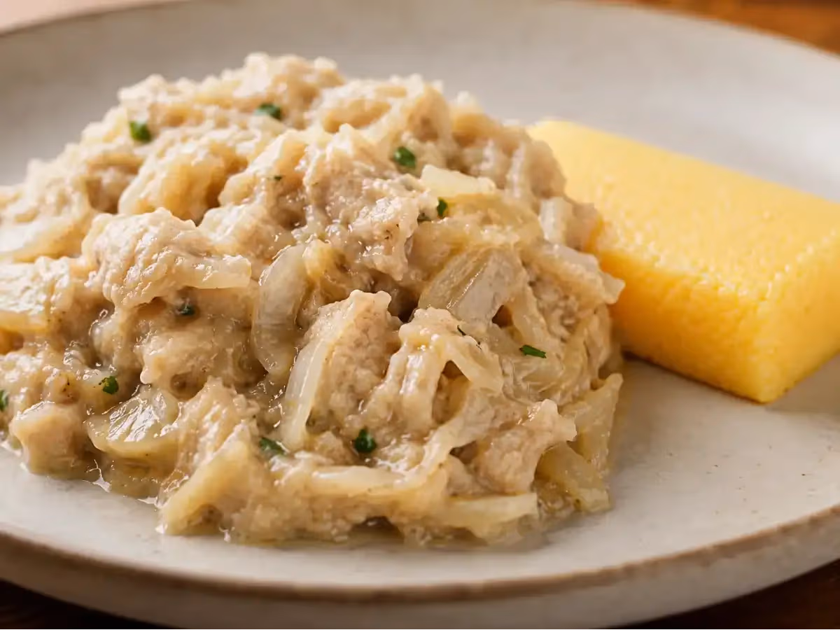 trippa in umido con cipolla e prezzemolo servita con fetta di polenta gialla su piatto grigio