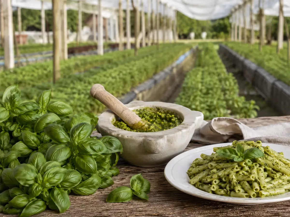 Mortaio con pesto e piatto di pasta condita davanti a coltivazione di basilico in campo aperto