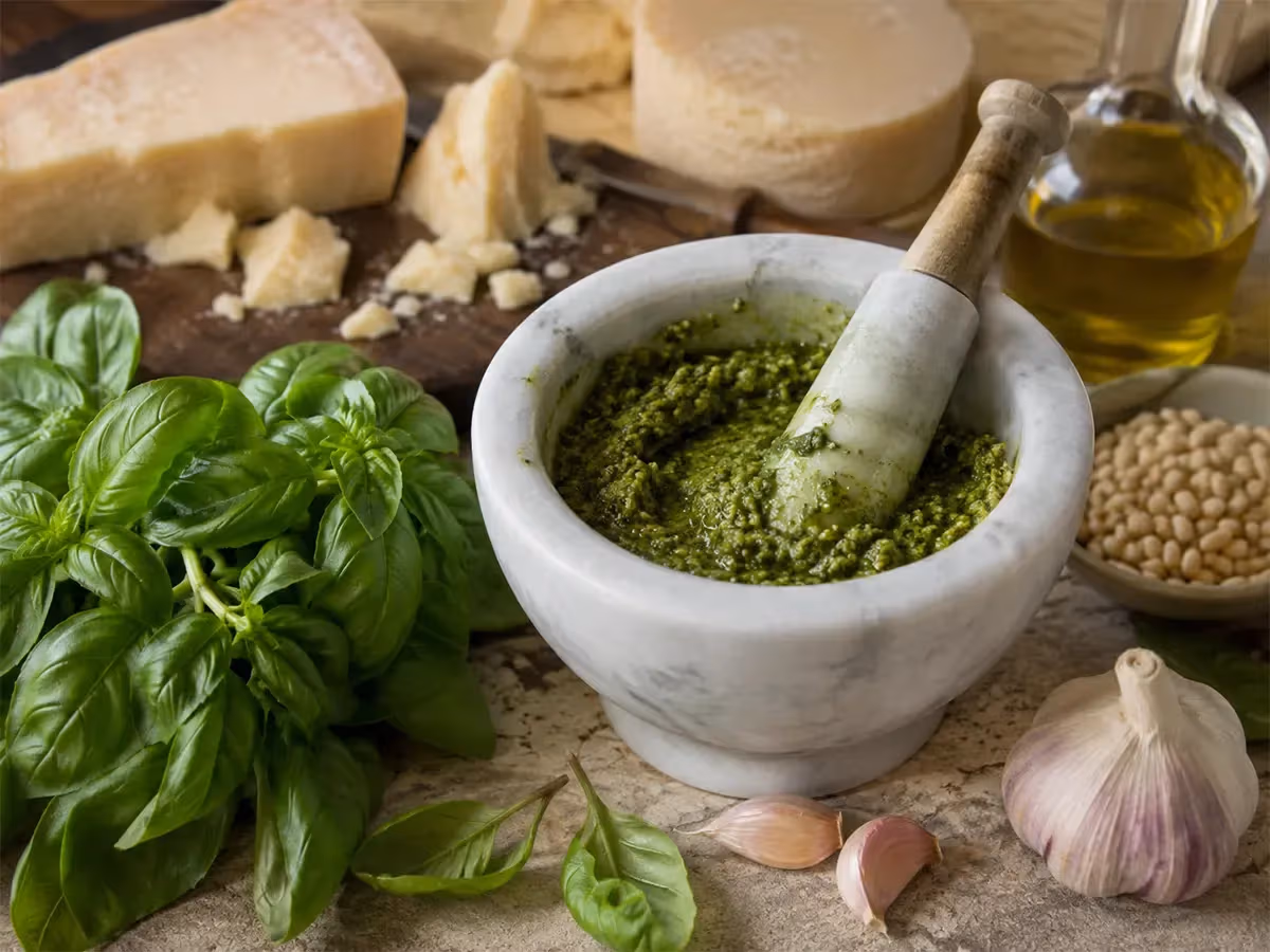 Mortaio di marmo con pesto genovese verde circondato da parmigiano pinoli aglio e olio