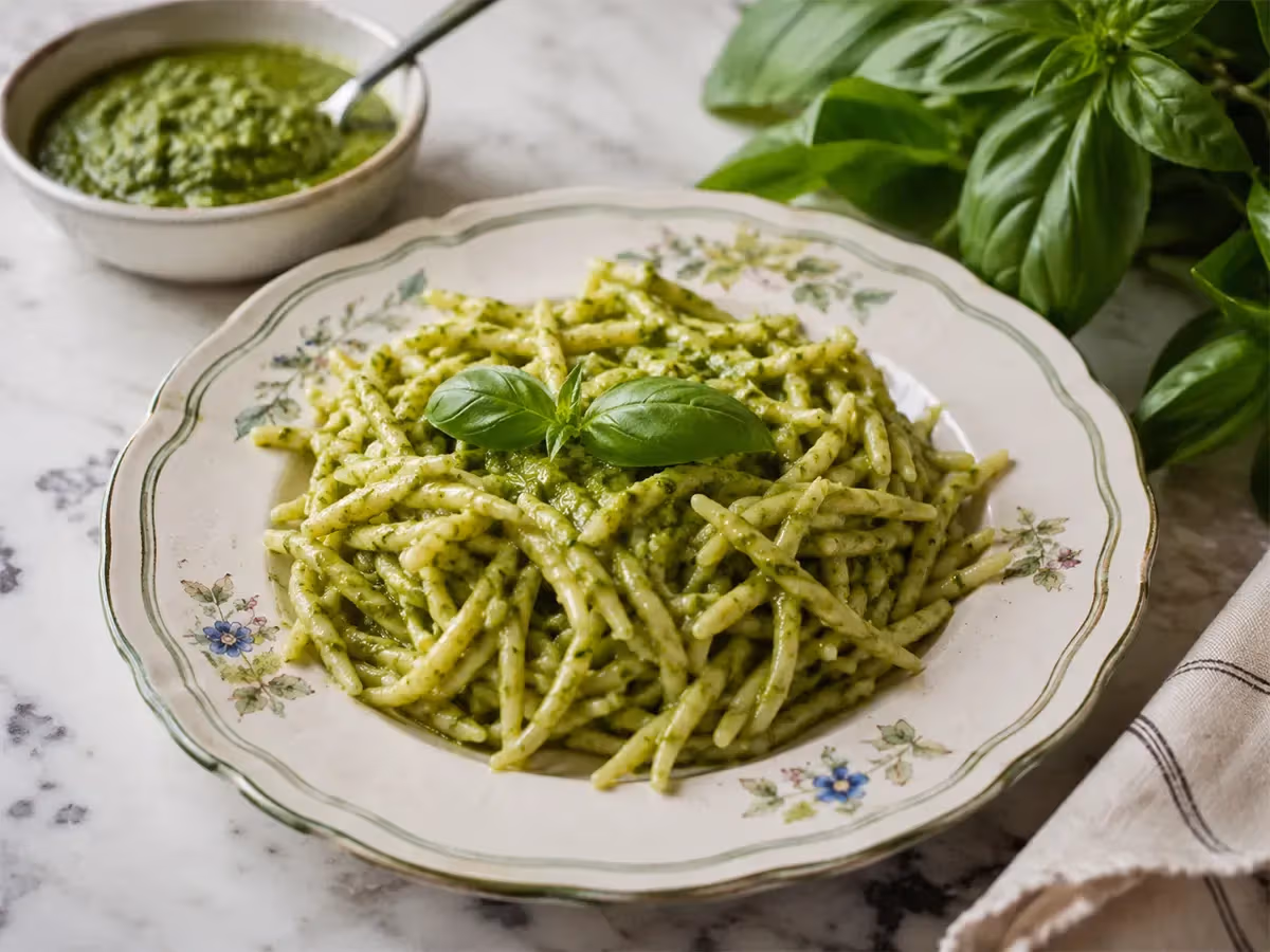 Piatto fiorato con trofie al pesto genovese verde intenso guarnite da foglie di basilico