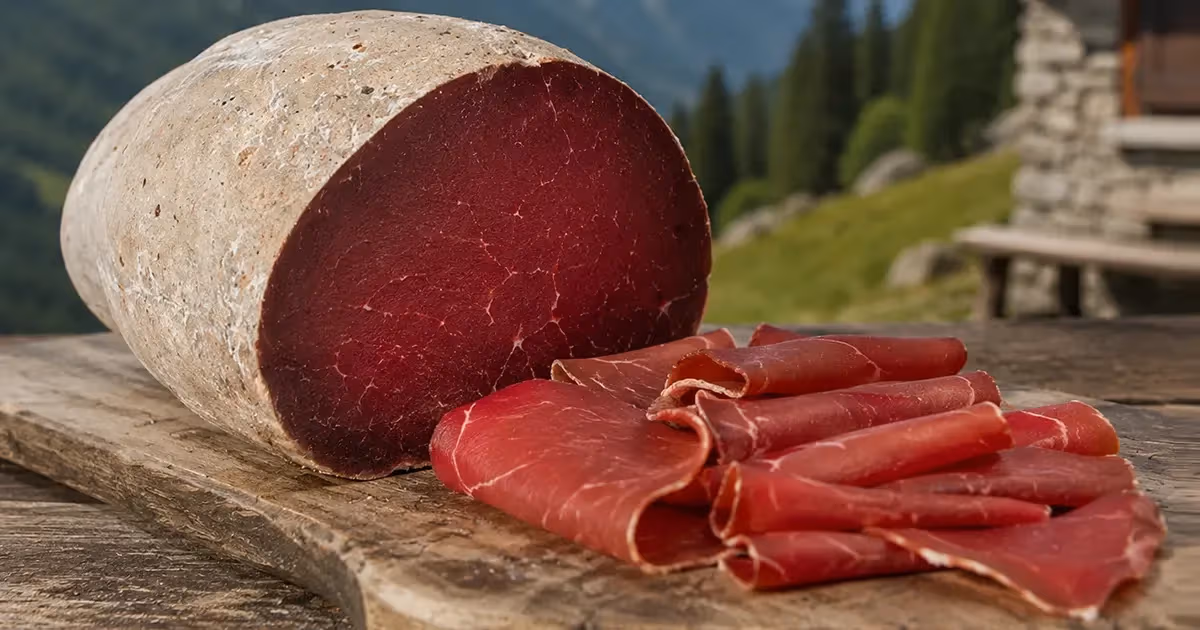 Bresaola della Valtellina IGP intera tagliata con fette sottili rosse su tagliere rustico montano