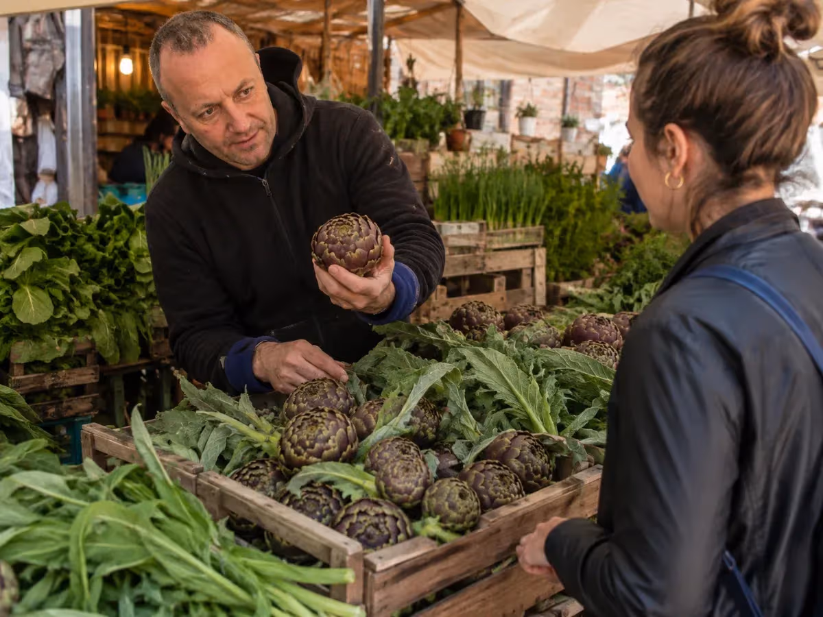 Venditore al mercato mostra un carciofo viola fresco a una cliente tra cassette colme