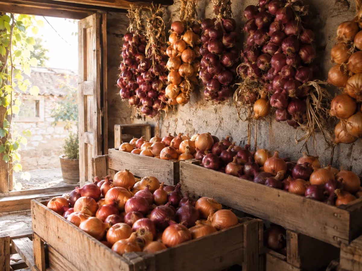 Casse di legno colme di cipolle rosse e dorate con trecce appese al muro in un rustico