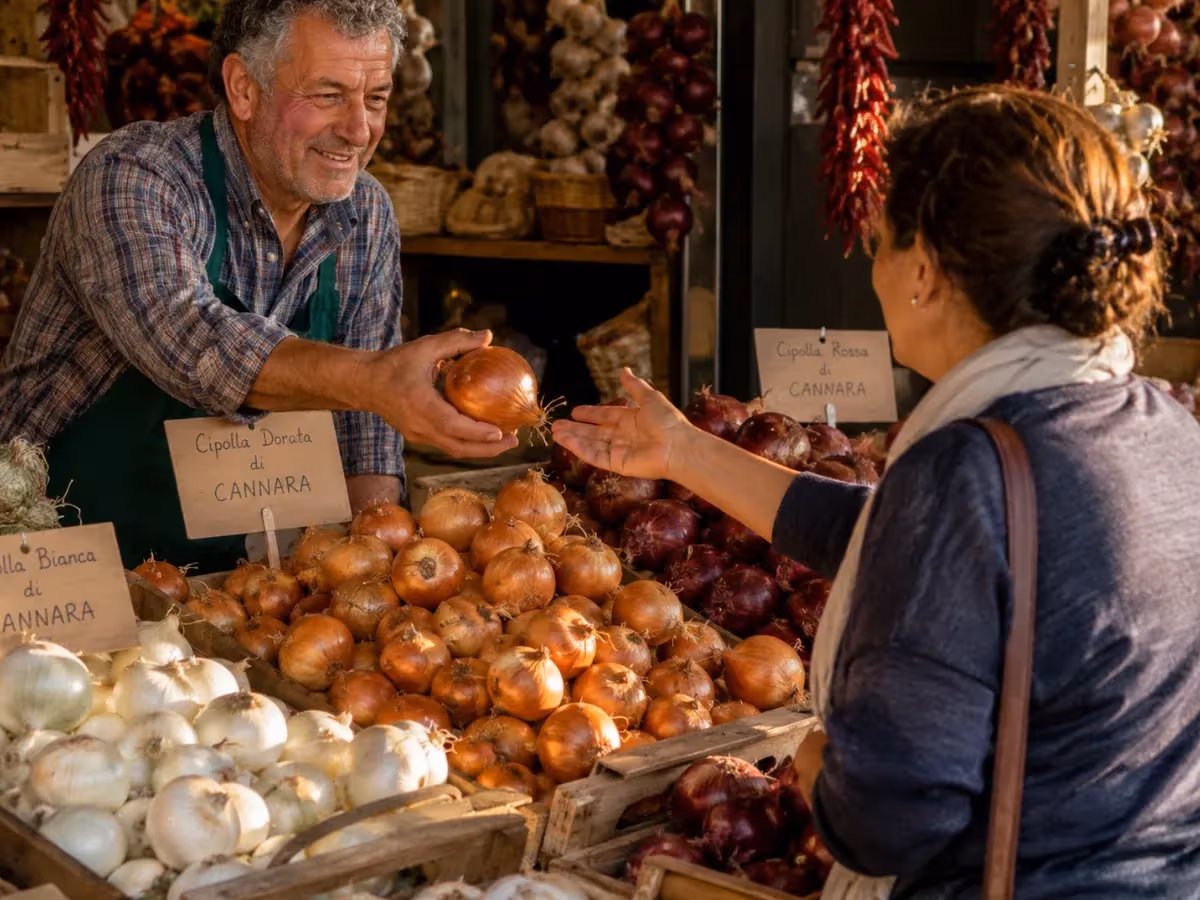 Venditore con grembiule verde porge una Cipolla Dorata di Cannara a una cliente al mercato