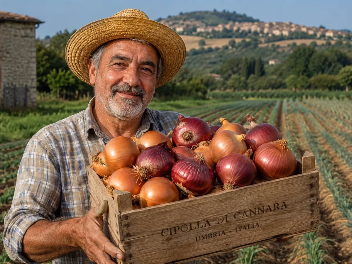 Agricoltore sorridente regge una cassetta di legno con scritta Cipolla di Cannara Umbria Italia in campo