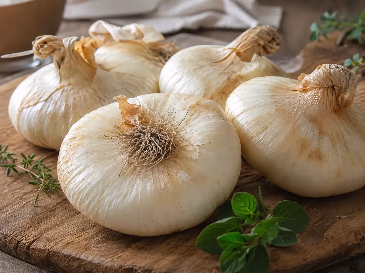 Quattro cipolle di Giarratana bianche su tagliere rustico con erbe aromatiche fresche