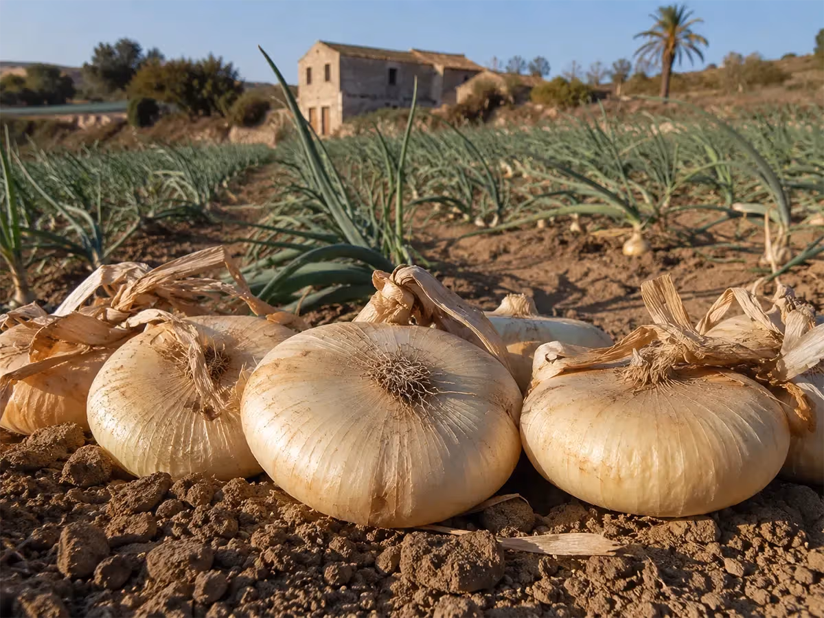 Cipolle di Giarratana appena raccolte sul terreno con campo coltivato sullo sfondo