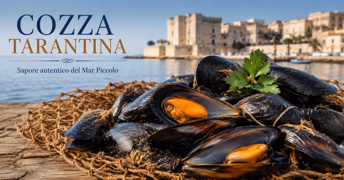 Cozze tarantine fresche con polpa arancione su rete da pesca fronte al porto di Taranto
