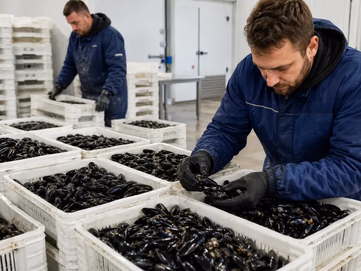 Due lavoratori selezionano cozze nere a mano in cassette bianche dentro laboratorio refrigerato