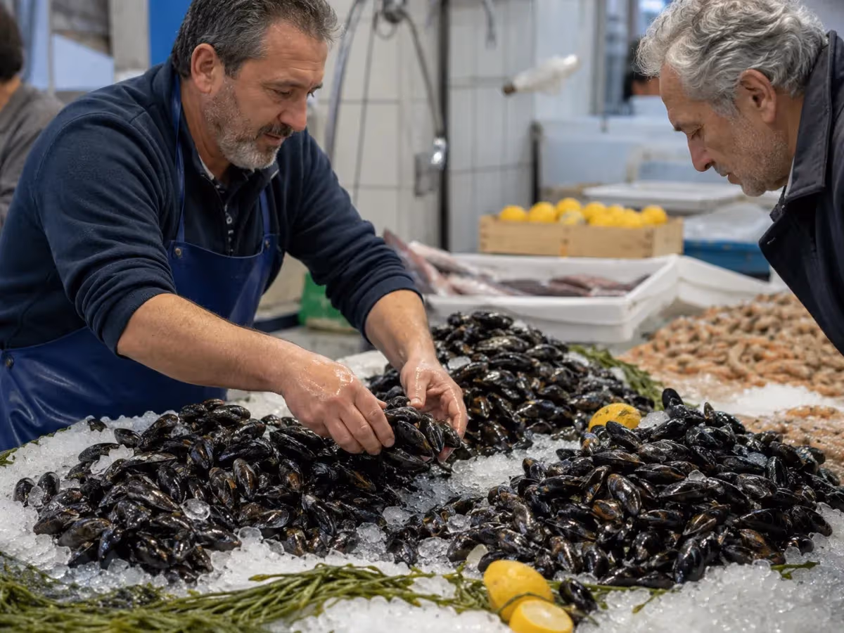 Pescivendolo dispone cozze nere lucide su ghiaccio con limoni e alghe verdi al banco