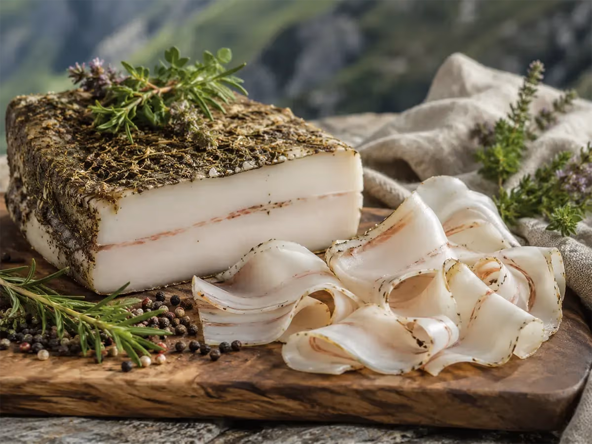Lardo di Arnad DOP intero con crosta di erbe e fette arricciate su tagliere con rosmarino e pepe misto