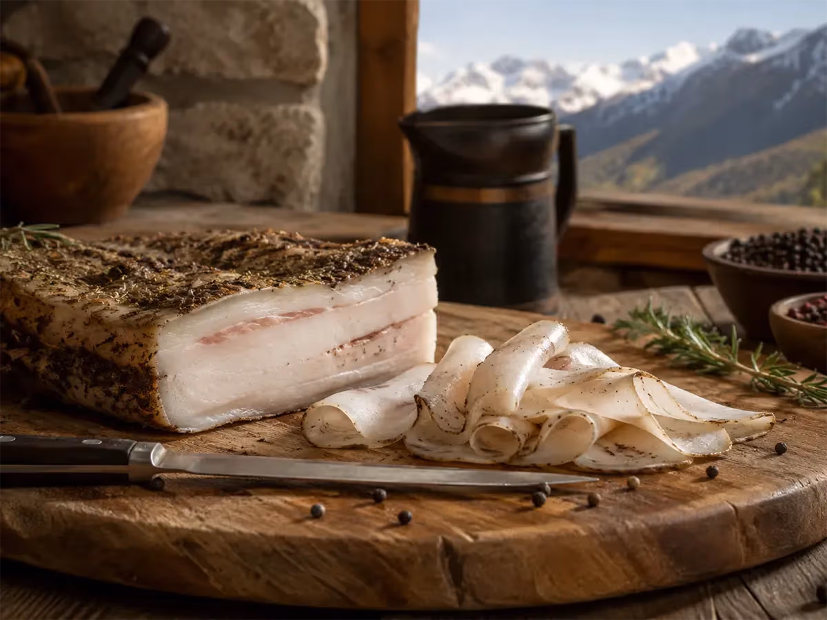 Lardo di Arnad DOP stagionato affettato su tagliere rotondo con coltello e panorama alpino innevato sullo sfondo