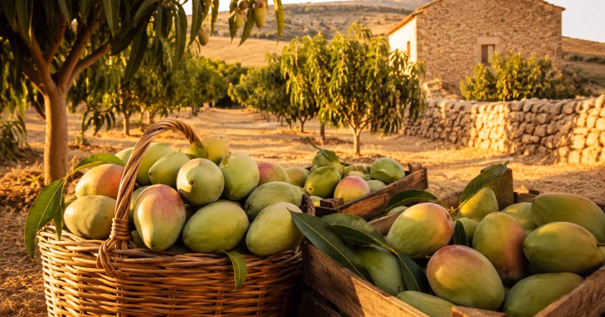 Cesti e cassette di legno colmi di mango siciliano verde e rosa appena raccolto con frutteto e casale in pietra sullo sfondo