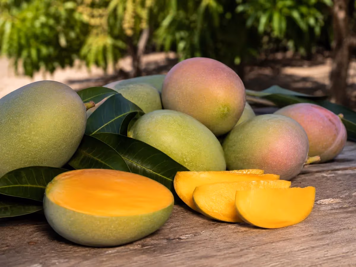 Mango siciliano tagliato a metà con polpa arancione intensa e fette su tavolo rustico in legno