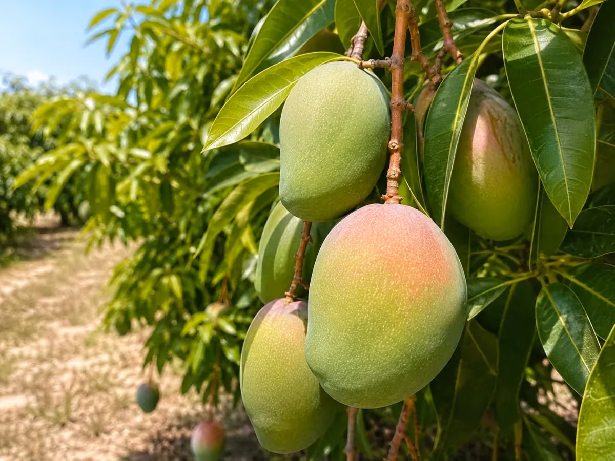Grappolo di mango siciliano verde e rosa-rosato appeso a rami in frutteto soleggiato
